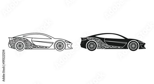 Sports cars side view outline and filled vector illustration