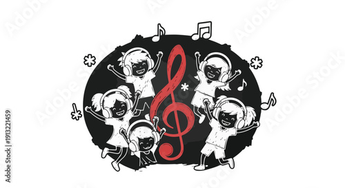Happy cartoon children with headphones dancing around a vibrant red treble clef, surrounded by musical notes, celebrating sound and joy.