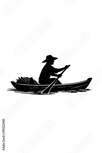 Dramatic Vector Silhouette of a Traditional Oarsman or Farmer Paddling a Small Wooden Boat at Dawn or Dusk, Carrying Harvested Goods on Dark Water - Minimalist Graphic Art Background.