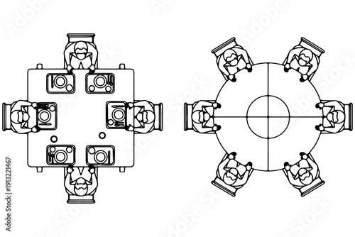 Vector Illustration of People Seated – CAD Style Dining Table Layout
