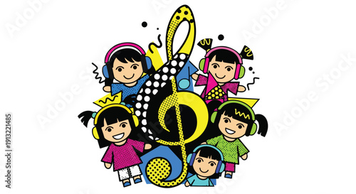 Vibrant illustration of happy cartoon girls wearing colorful headphones, enjoying music with a large treble clef, symbolizing childhood fun.
