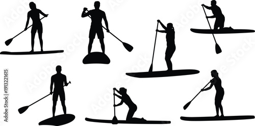 Black Silhouette Vector Set of People Stand Up Paddleboarding in Various Poses for Summer Vacation Graphics, Water Sports Design, and Outdoor Lifestyle Illustrations.