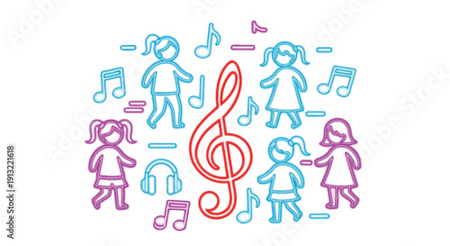 Children dancing around a treble clef with musical notes and headphones, symbolizing music education and joy
