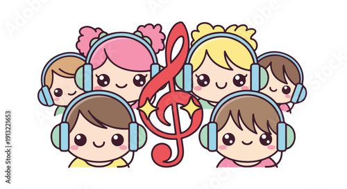 Adorable group of diverse cartoon children wearing headphones, happily listening to music with a vibrant treble clef symbol, kawaii style illustration.