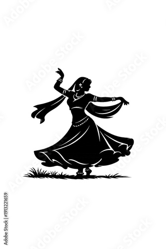 Elegant Indian Woman Dancer Silhouette Vector Illustration on Black Background - Dynamic Traditional Folk Dance Pose, Glowing White Outline of Cultural Performance Art