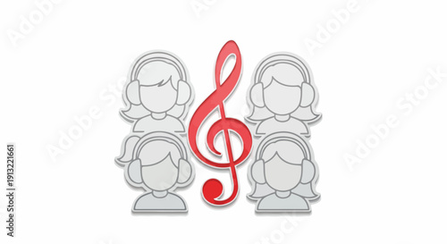Four singers wearing headphones around a red treble clef, symbolizing a choir or music group
