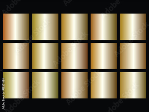 Fifteen lustrous metallic gradient squares with rounded corners displaying a range of exquisite golden and copper hues