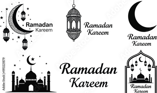 Ramadan Kareem Islamic holiday symbols and icons with crescent moon lanterns and mosques