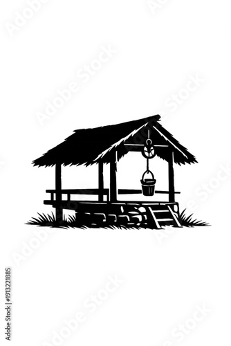 Traditional Water Well Silhouette Icon - Minimalist Vector Illustration of a Rustic Wishing Well House with Thatched Roof on Dark Background for Logo Design and Graphic Elements.