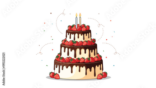 Large three tier white birthday cake features rich chocolate drip icing and many fresh red strawberries with two lit candles on top.
