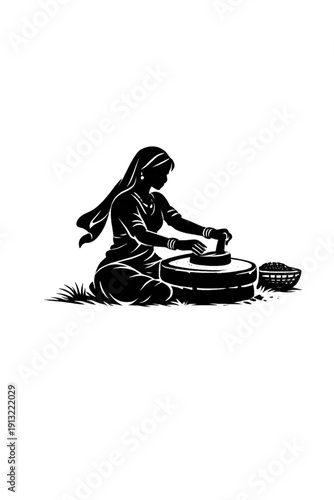 Traditional Indian Woman Grinding Grains on Stone Mill (Chakki) Vector Illustration - Monochrome Silhouette of Rural Life and Ancient Food Preparation Methods on Dark Background.