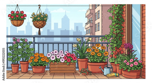 Vibrant balcony garden with potted plants and city skyline view