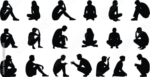 Vector illustration of diverse people silhouettes sitting and crouching in various poses including men and women isolated on white background for mental health concept.