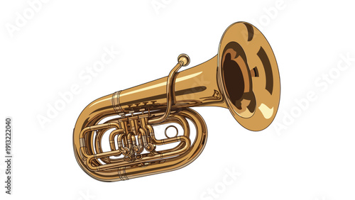 Large shiny brass tuba musical instrument is shown from a side perspective against a plain white background in a detailed illustration.