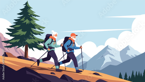 Active senior couple with backpacks and trekking poles hiking up a mountain trail with pine trees and peaks in the background.