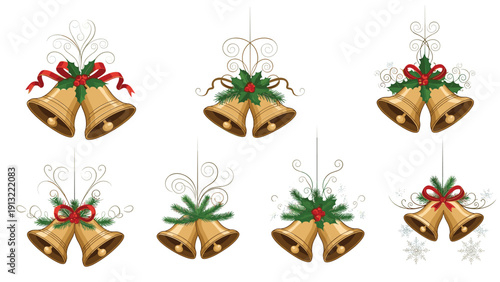 Festive collection of golden christmas bells decorated with red ribbons, holly leaves, pine branches, and swirling gold accents.