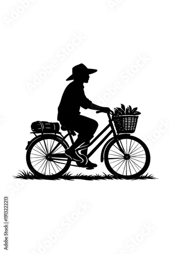 Dramatic Monochrome Silhouette Vector Illustration of a Person Riding a Vintage Bicycle with a Basket in the Dark Evening Light, High Contrast Minimalist Graphic Design Element