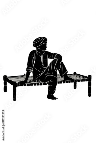 Minimalist Black and White Vector Art: Silhouette of a Traditional Indian or Punjabi Man in Turban Sitting Thoughtfully on a Charpai (Woven Cot) – Rural Culture and Heritage Outline Drawing.