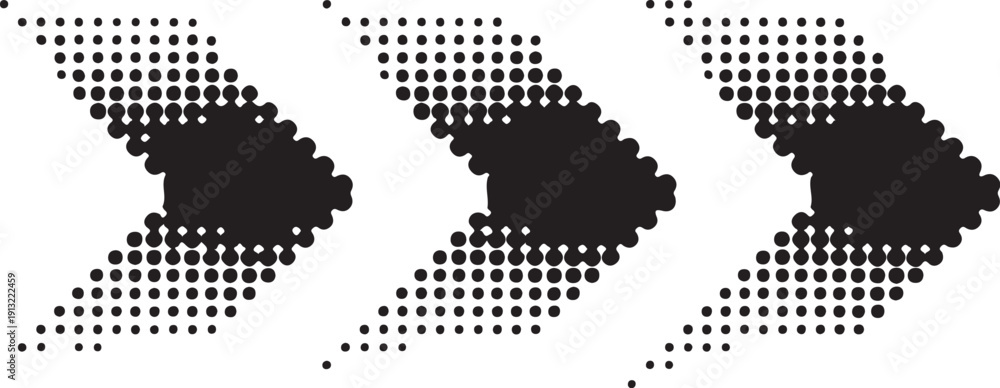 Fototapeta premium Three distinctive black dotted arrows using a halftone effect pointing right and downward