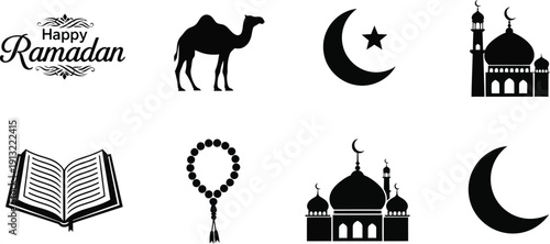 Ramadan Kareem Islamic symbols and icons set including mosque camel crescent star rosary book