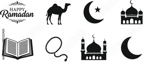 Black silhouettes of Ramadan symbols and mosques with text on white background