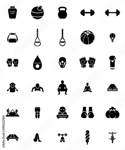Minimalist fitness icon set with gym equipment and exercises