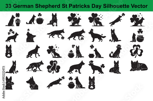 St patricks day german shepherd silhouette collection features variety of dog poses with shamrocks clover leaves and lucky charms
