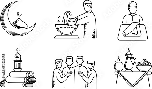 Islamic Ramadan icons illustration, crescent moon mosque prayer mat ablution and iftar meal, cultural religious artwork concept, serene design, fasting spirituality symbols