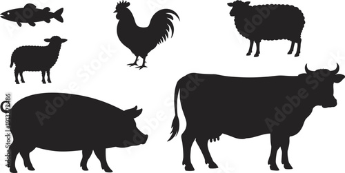 Black Vector Silhouette Set of Farm Animals Including Cow Pig Sheep Rooster Lamb and Fish for Butchery Meat Shop Agriculture and Livestock Farming Design