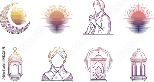 Islamic spirituality icons illustration, crescent moon lantern sun and praying figures, cultural religious artwork concept, serene design, spiritual meditation symbols