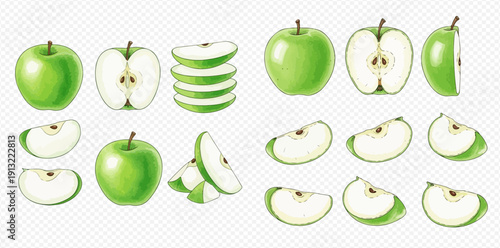 Set of fresh green apples in various forms: whole, half, slices, and wedges, isolated on transparent background.