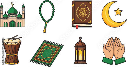 Islamic religion symbols and objects for Ramadan celebration and culture  Muslim faith icons