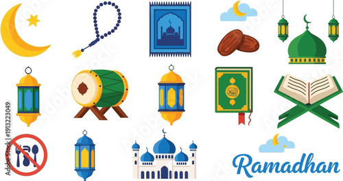 Ramadan Kareem  Islamic holy month symbols and objects collection