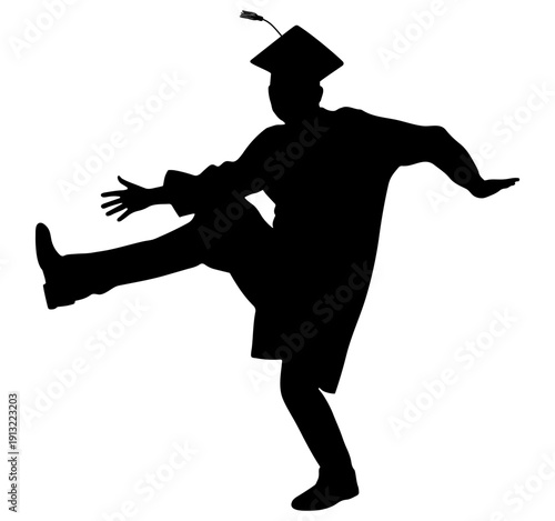 Happy graduating student celebrating success kicking legs. Vector illustration
