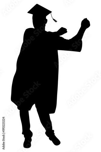 Silhouette of dancing graduate student with graduation cap celebrating education success. Vector illustration.