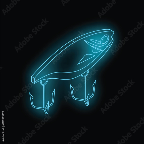 Neon fishing lure with hooks glowing blue on a black background