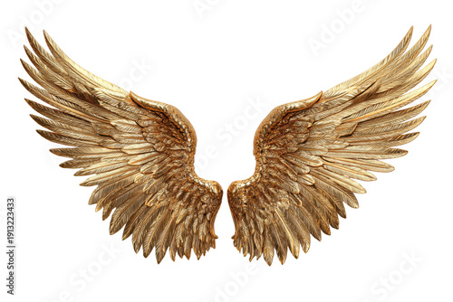 Ornate golden angel wings isolated on transparent background. Magnificent golden sculpted angel wings isolated on white background.