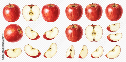 Set of fresh red apples, whole, half, and sliced, isolated on a transparent background, showcasing healthy fruit.