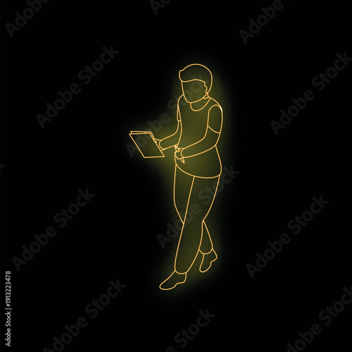 Neon style illustration of businessman walking and taking notes on digital tablet with stylus pen