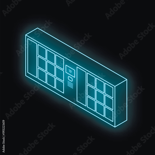 Futuristic automated parcel locker with glowing neon blue lines on a dark background, providing convenient and secure package delivery and retrieval
