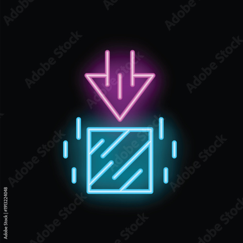 Neon sign symbolizing downloading data with a bright pink arrow pointing down to a blue box