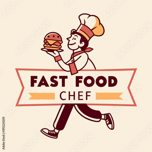 A vibrant and modern logo featuring a cheerful chef character ideal for fast food restaurants and culinary businesses alike