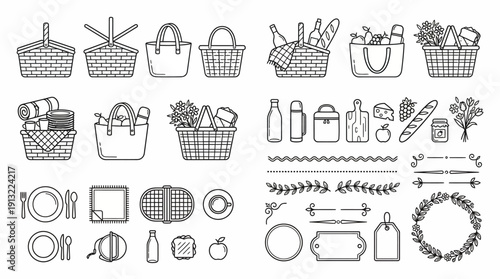 Picnic basket icons and illustrations set. Spring Vector Packs. EPS Editable