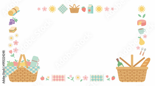 Picnic baskets with food and decorations. Spring Vector Packs. EPS Editable