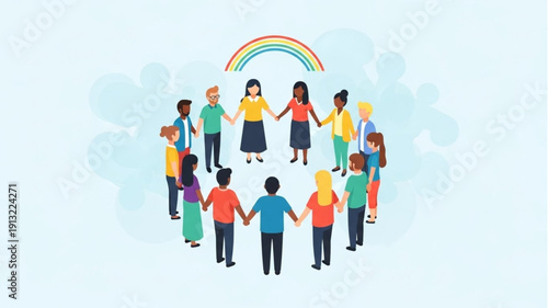 Diverse group of people holding hands in a circle under a rainbow.