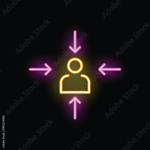 Neon icon representing a person with arrows pointing towards them, symbolizing incoming information or influence