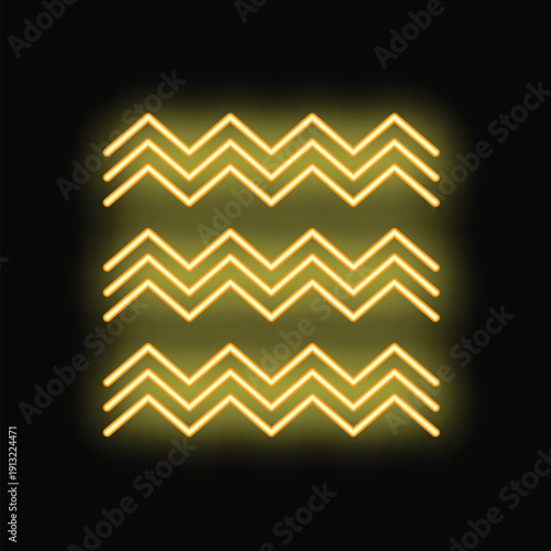 Neon yellow zig zag lines glowing brightly on a black wall