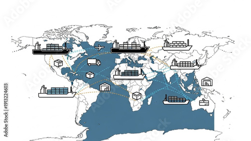 Global shipping and logistics map with cargo ships and containers.