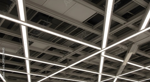 Artistic view of building roof frame installation with long neon light systems that cross each.