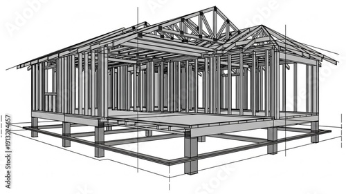 Architectural blueprint of a house under construction showing framing.